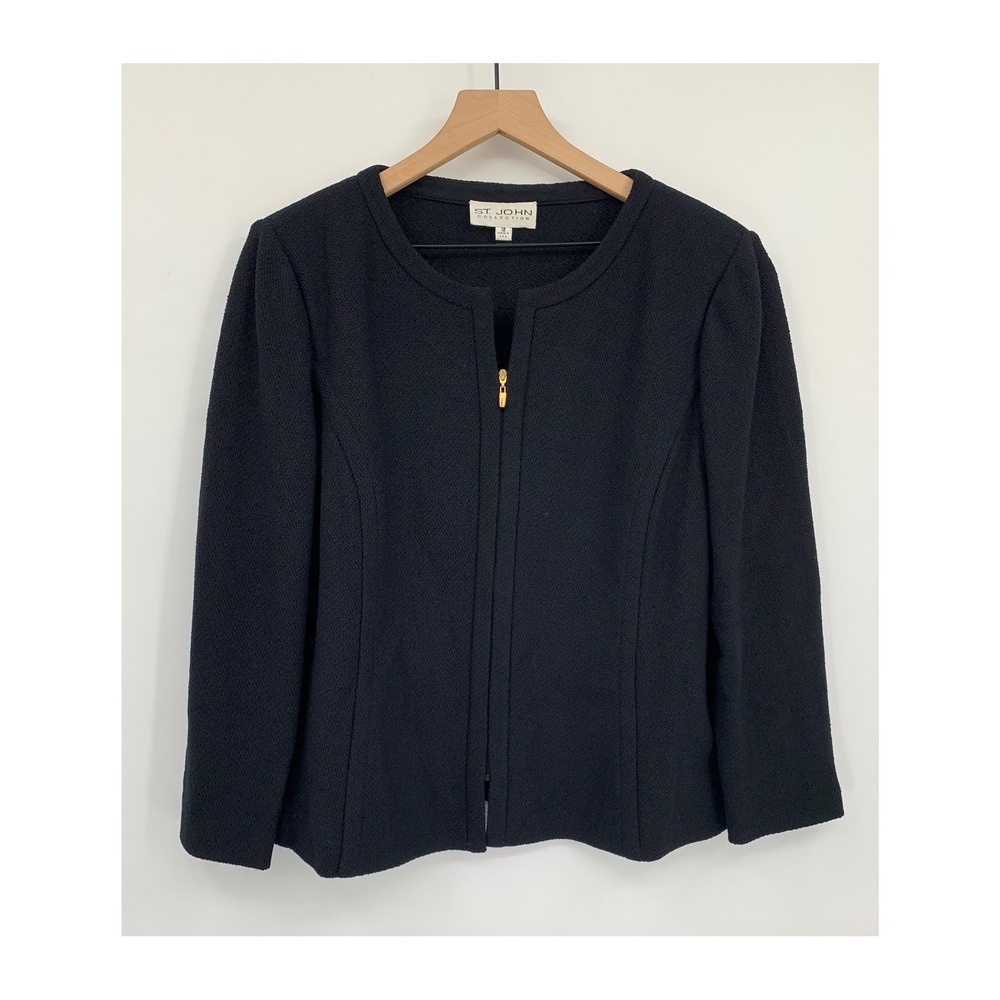St John Collection Jacket Womens 12 Black Gold Zipper Santana Knit Career